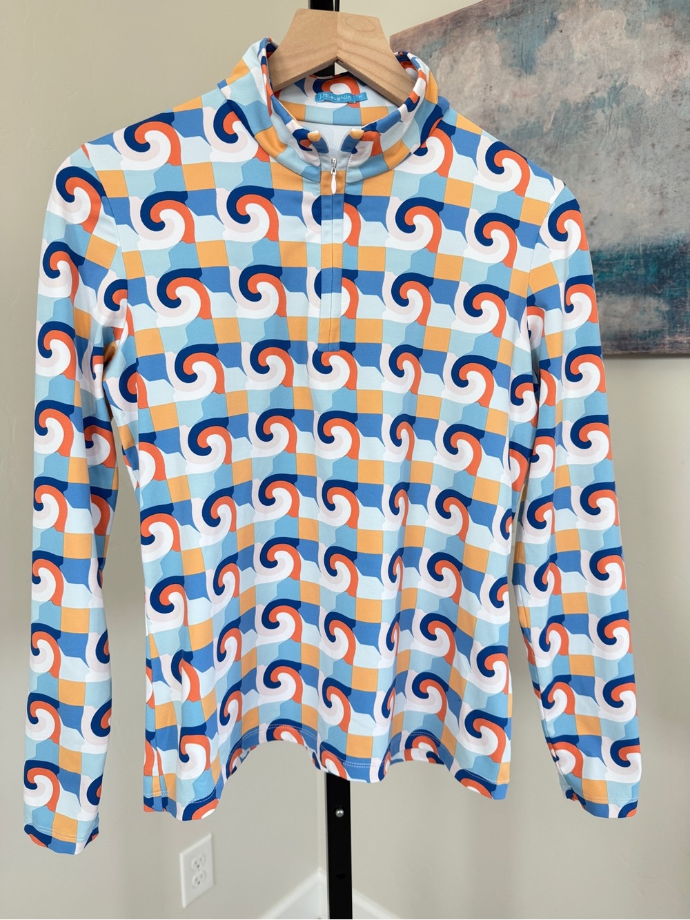 J.McLaughlin Womens Catalina Cloth Quarter Zip Top Medium Blue Orange Geometric